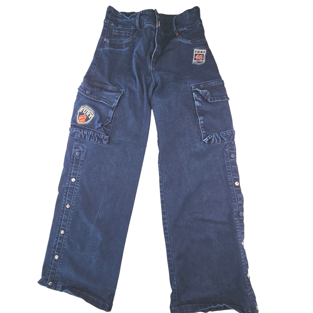 Lujuria Jeans Womens Size 6 Dark Wash Cargo Pants Military Patch Snap Side Denim